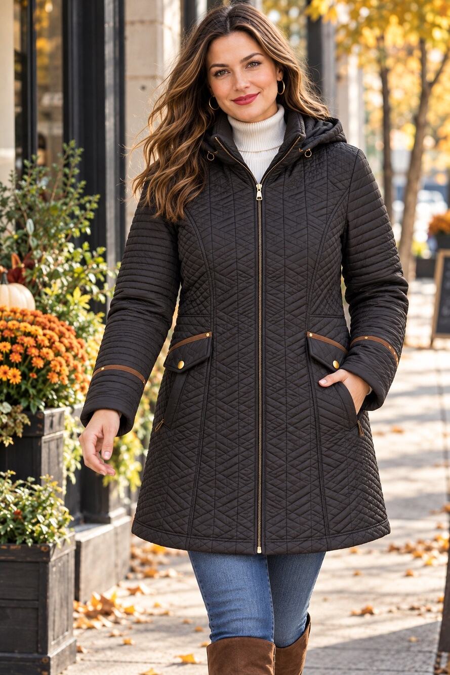 Weatherproof Women XL Quilted Hooded Coat Black Faux Suede Trim Long Jacket